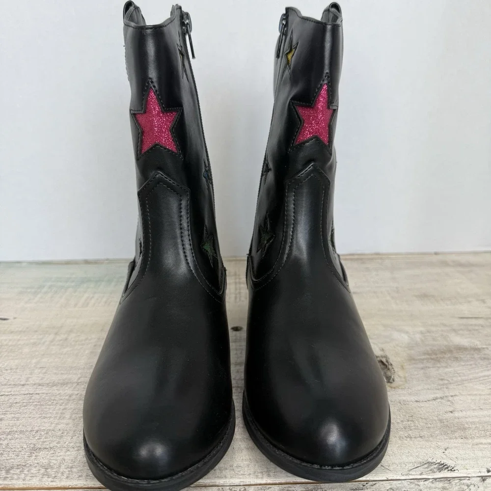 Kids Black‎ Western Cowboy Boots with Multi Color Glitter Star Appliques Size 3
